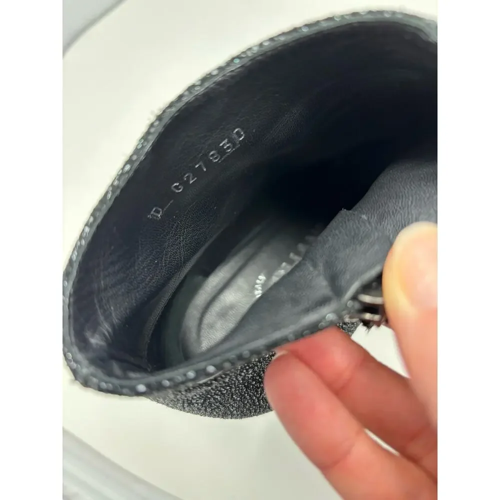 CHANEL Black Grey Glitter Leather Heel Booties Size 37 CC Logo